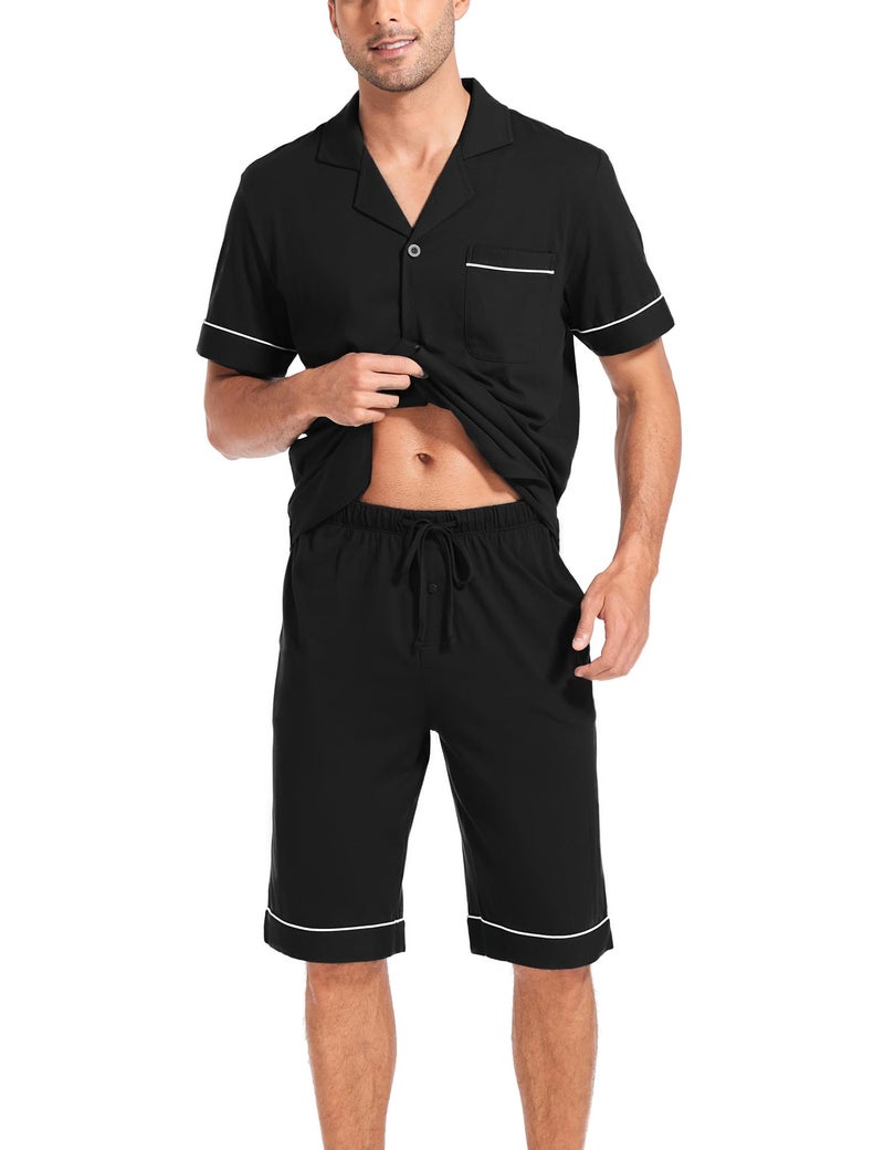 COLORFULLEAF Men's 100% Cotton Short Sleeve Pajama Sets Button Down Notched Collar Sleepwear Soft Lounge Pjs with Pockets (Black, M) - Image 2